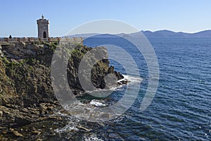 View of the Piombino canal and the Island of Elba, Piombino, Tuscany, Italy