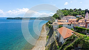 View of Piran Old Town from the tower of St. George\'s Cathedral  Portoroz  Piran  Obalno-kraska  Slovenia  June 2020