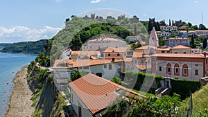 View of Piran Old Town from the tower of St. George\'s Cathedral  Portoroz  Piran  Obalno-kraska  Slovenia  June 2020