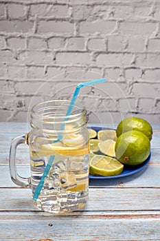 View of a pitcher of lemonade with ice