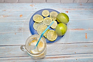 View of a pitcher of lemonade with ice