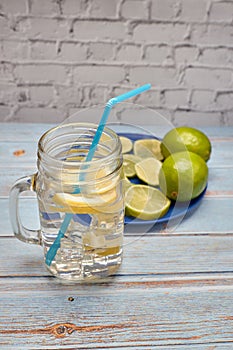 View of a pitcher of lemonade with ice