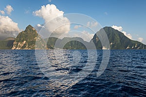 View of the Pitons from a boat on the Caribbean Sea.