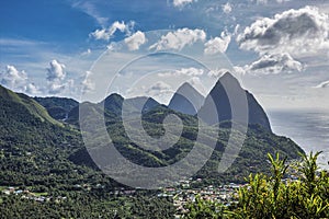 View of the Pitons in the Caribbean Sea at Soufriere, St. Lucia, Lesser Antilles