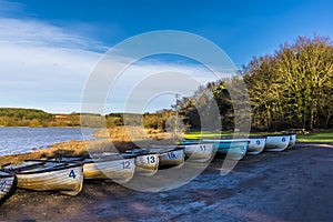 A view of Pitsford Reservoir, UK across a line of rowing boats