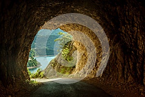 View of Piva river Canyon and Piva lake through the old tunel, Montenegro