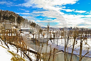 View of Pivka river park near Postojna cave entrance at nice winter day Slovenia photo