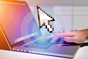 Pixeled black and white mouse pointer displayed on a futuristic