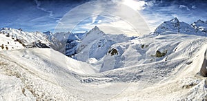View of Piz Bernina Alps mountains in Switzerland. photo