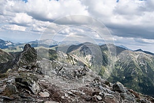 View from Placlive mountain peak on Rohace mountain group in Zapadne Tatry mountains in Slovakia