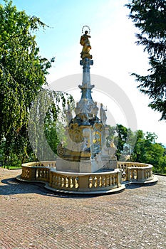 View of the plague column and castle in Nitra, Slovakia