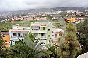 View of the plain with Spanish settlements with a residential building in the foreground, in the north of the island of Tenerife.