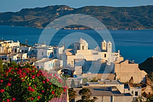 View of Plaka village on Milos island over red geranium flowers on sunset in Greece