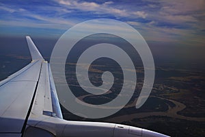 view from plane window above Ubonratchathani Thailand ,moon river