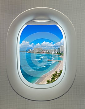 View from Plane Window of Waikiki Beach Honolulu Hawaii USA America