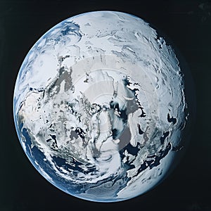 View of planet Earth from space. The planet is frozen in ice glaciers and snow