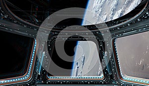 View of planet Earth from a space station window 3D rendering el