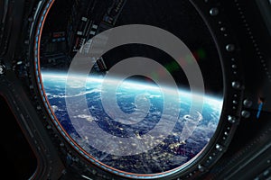 View of planet Earth from a space station window 3D rendering elements of this image furnished by NASA