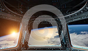 View of planet Earth from a space station window 3D rendering elements of this image furnished by NASA