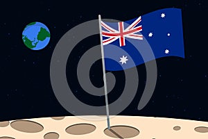 View of planet Earth from the surface of the Moon with the Australia flag and holes on the ground