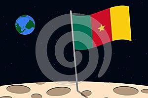 View of planet Earth from the surface of the Moon with the Cameroon flag and holes on the ground