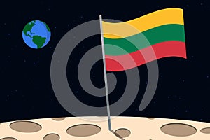 View of planet Earth from the surface of the Moon with the Lithuania flag and holes on the ground