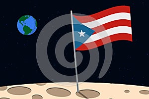 View of planet Earth from the surface of the Moon with the Puerto Rico flag and holes on the ground