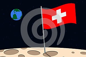 View of planet Earth from the surface of the Moon with the Switzerland flag and holes on the ground