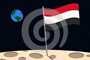 View of planet Earth from the surface of the Moon with the Yemen flag and holes on the ground