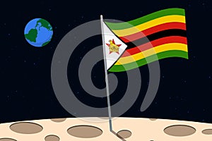 View of planet Earth from the surface of the Moon with the Zimbabwe flag and holes on the ground