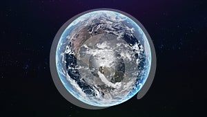 View of the planet Earth. World globe from space in a star field showing terrain and clouds. 3D rendering