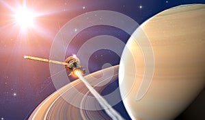 View of the planet Saturn with rings. Cassini probe in exploration around the planet. Solar system photo