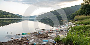 Plastic pollution in water with waste photo