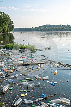 Plastic pollution in water with waste photo