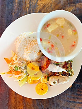 View of a plate of the Colombian Caribbean. Fish and Mote de Queso