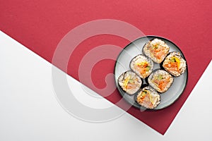 View of plate with gimbap on photo