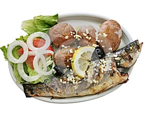 View of plated food, Healthy grilled mackerel dish stuffed with vegetable salad and potatoes, batata a murro, portuguese typical