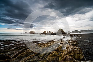 View of the Playa de Gueirua beach on the Costa Verde of Asturias