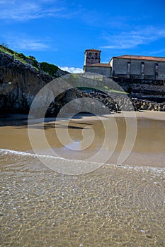 View on Playa de Palombina Las Camaras in Celorio, Green coast of Asturias, North Spain with sandy beaches, cliffs, hidden caves, photo