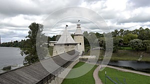 view on Ploskaya tower and Pskov Kremlin from side of river Pskova in Pskov, Flat Tower,Russia