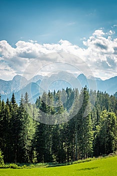 View from PodolÅ¡eva to mountain range Kamnikâ€“Savinja Alps, Slovenia