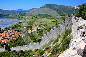 View pof Ston town and its defensive walls, Peljesac Peninsula,