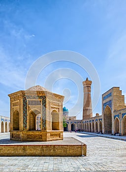 View of Poi Kalan - an islamic religious complex located around Kalan minaret in Bukhara, Uzbekistan
