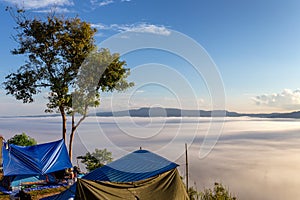 The view point foggy sunrise on the mountain Khao kor Phetchabun, Thailand.