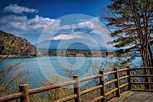 View point on Lake Motosuko where Mount Fuji can be seen