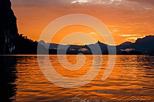 View point Mountain Floating in Rajjaprabha Dam (Cheow Lan Lake) at Khao Sok National Park, Sunset time