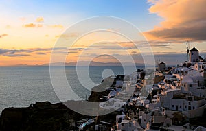 The view point out look sunset scene of the landmark view in Oia, Santorini. Image of famous village Oia located at one of