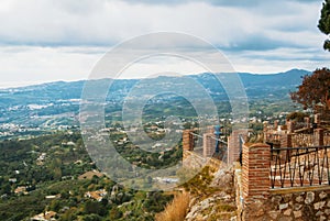 View point in the park of Mijas, a blue coin telescope and a beautiful panoramic aerial view to Mediterranean sea and surrounding