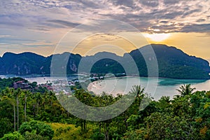 View point of Phi Phi Island at sunset time, Krabi Province, Thailand. Travel vacation background
