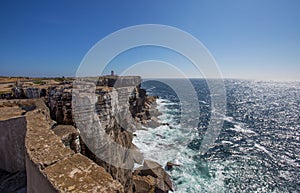View point of the sea with rocks near the Lighthouse of Cape Carvoeiro, Peniche, Portugal